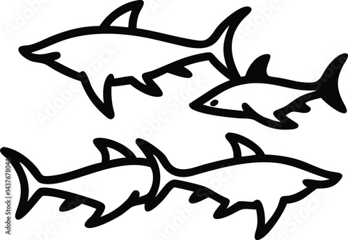 "Dynamic Shark Silhouette Collection Featuring Great White, Hammerhead, and Ocean Wildlife Scenes Vector Illustration"