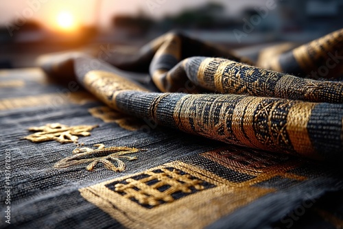 Intricate Kente textile featuring traditional Adinkra motifs in gold, captured in dramatic close-up against dreamy sunset backdrop, embodying the spirit of Pan-African heritage and freedom.