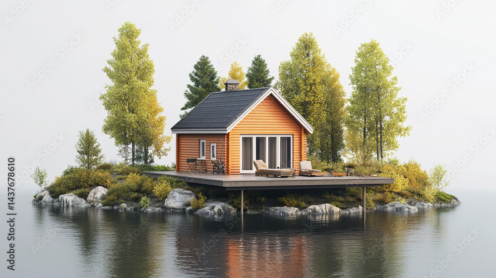 Fototapeta premium serene vacation home surrounded by nature, featuring wooden deck and lush trees