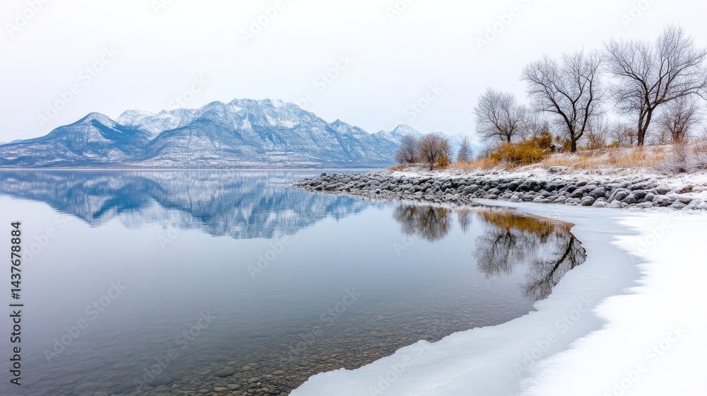 Winter lake with mirrored mountains. Tranquil reflection of snow-capped peaks on still water. Frozen shoreline Winter lake with mirrored mountains. Tranquil reflection of snow-capped peaks on still water. Frozen shoreline