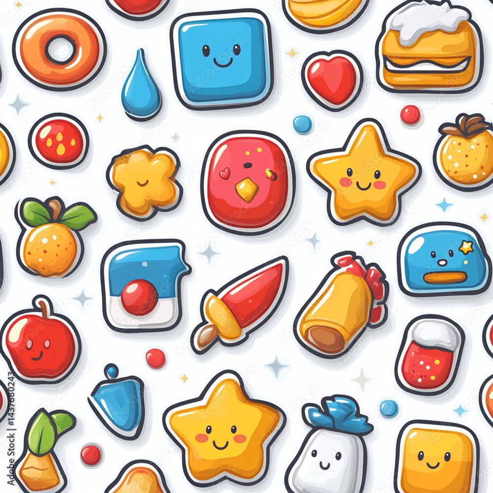 Seamless pattern of cartoon food and object icons with happy expressions. Seamless pattern of cartoon food and object icons with happy expressions.