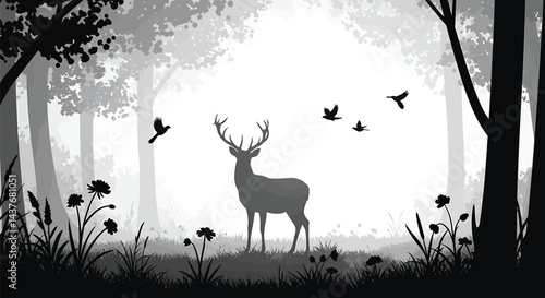 Wild Deer and Birds in Forest Clearing - Vector Illustration