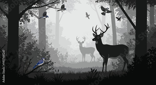 Wild Deer and Birds in Forest Clearing - Vector Illustration