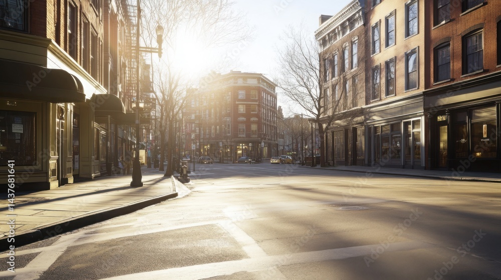 Bright sunlit street corner with clear skies overhead, empty pavement, and warmly lit building facades creating a calm, timeless moment. Bright sunlit street corner with clear skies overhead, empty pavement, and warmly lit building facades creating a calm, timeless moment.