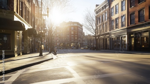 Bright sunlit street corner with clear skies overhead, empty pavement, and warmly lit building facades creating a calm, timeless moment.