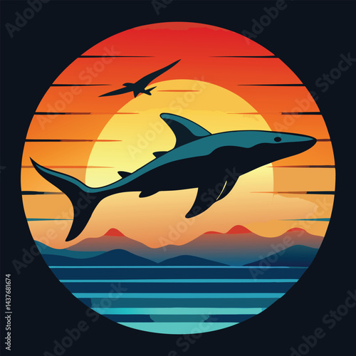 "Dynamic Shark Silhouette Collection Featuring Great White, Hammerhead, and Ocean Wildlife Scenes Vector Illustration"