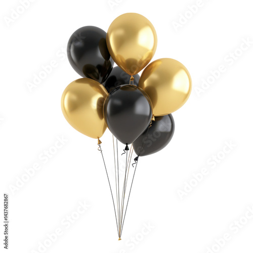 A cluster of shiny black and gold balloons tied together with strings.