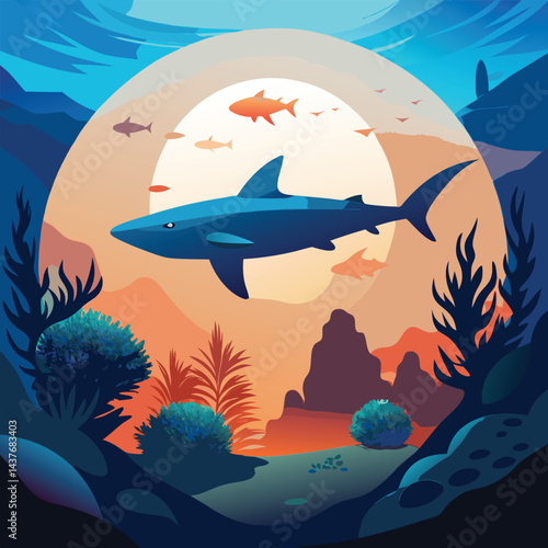"Dynamic Shark Silhouette Collection Featuring Great White, Hammerhead, and Ocean Wildlife Scenes Vector Illustration"