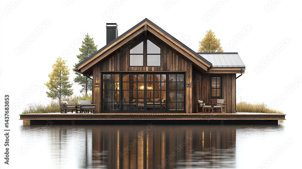 Fototapeta premium modern wooden vacation home with large windows reflecting in water, surrounded by trees