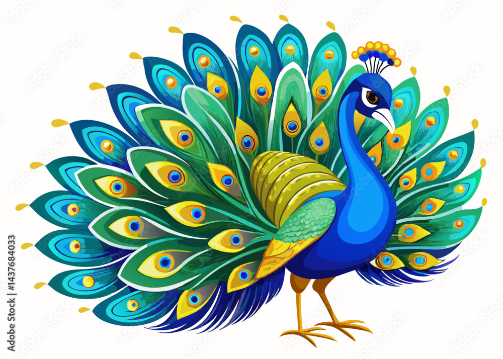 Fototapeta premium Majestic Peacock with Full Plumage Display – High-Detail Nature Photography on White Background.