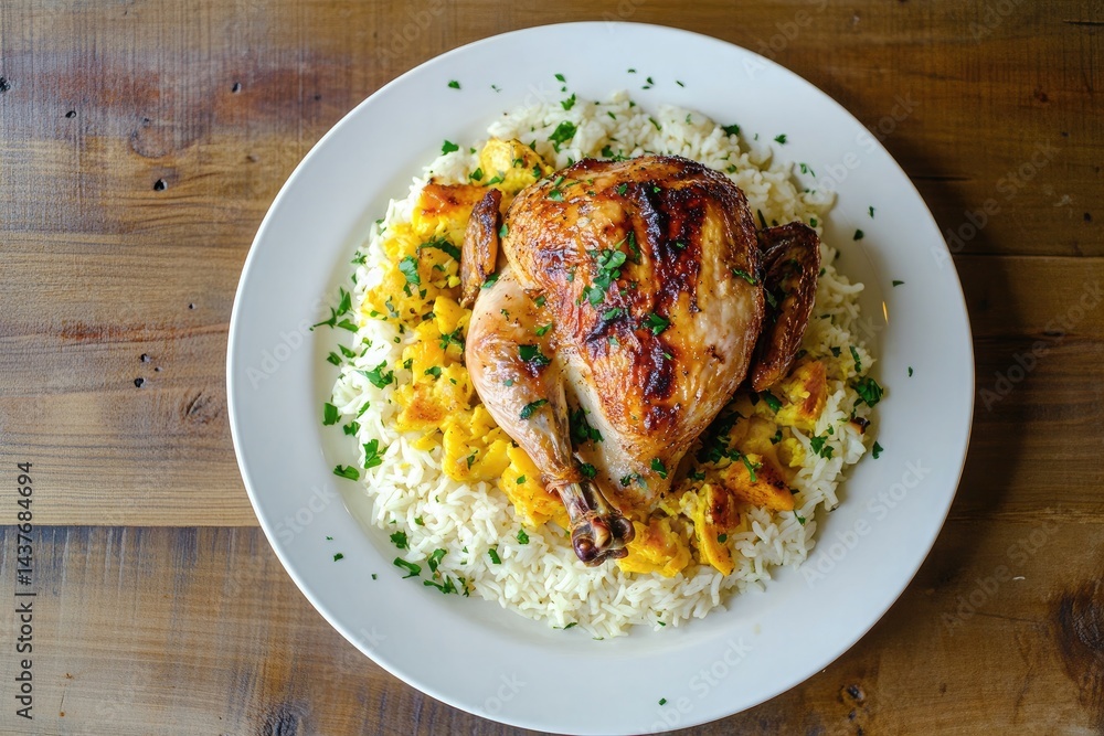 Fototapeta premium a white plate with a roast chicken on white and yellow rice