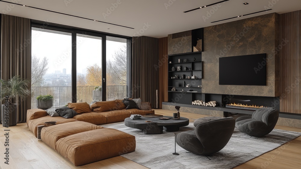 Fototapeta premium Modern living room with large windows brown sofa and neutral color palette.