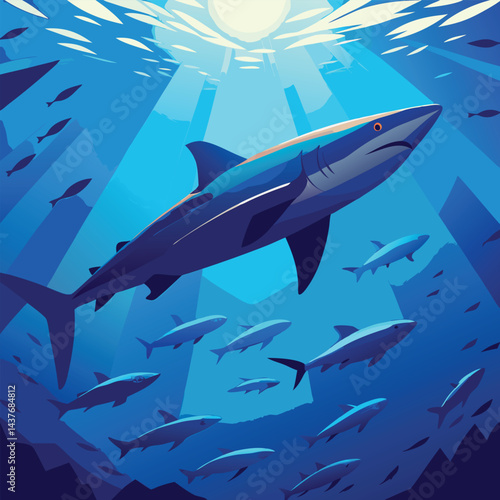 "Dynamic Shark Silhouette Collection Featuring Great White, Hammerhead, and Ocean Wildlife Scenes Vector Illustration"