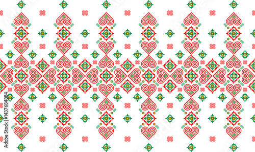 Schilderij op canvas Hmong ethnic pattern, which is a unique pattern of the Hmong ethnic group, red-green tones, used for printing fabric, wallpaper, background