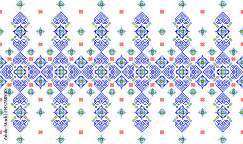 Foto Hmong ethnic pattern, which is a unique pattern of the Hmong ethnic group, blue tone, used for printing fabric, wallpaper, background