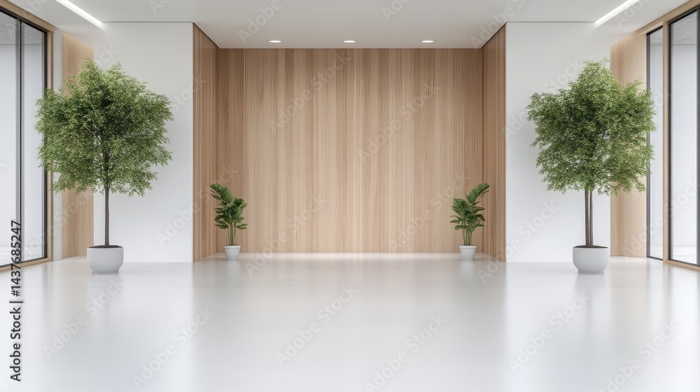 Fototapeta premium Modern, spacious, minimalist interior design. Empty room with light wood paneling, large windows, and potted trees