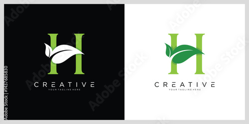 Letter H leaf logo, natural green leaf symbol.