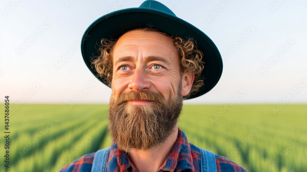 Fototapeta premium Man with a beard and a hat is smiling. He is standing in a field of green grass