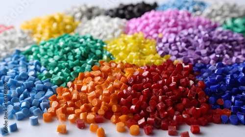 close up of various colored plastic granules arranged on a white background, Polymer plastic beads resin polymer
