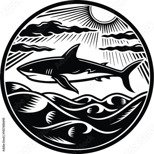 "Dynamic Shark Silhouette Collection Featuring Great White, Hammerhead, and Ocean Wildlife Scenes Vector Illustration"