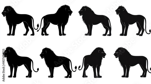 Eight lion silhouettes, profile views, white background, design element