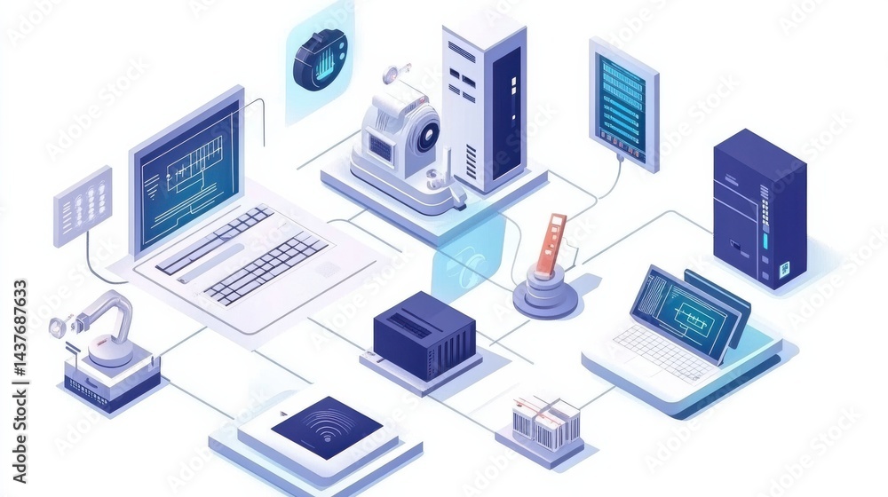 Digital technology illustration of modern computer system with devices and components Digital technology illustration of modern computer system with devices and components