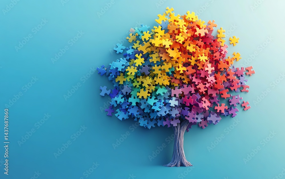 Colorful puzzle pieces forming a tree. Solution concept.