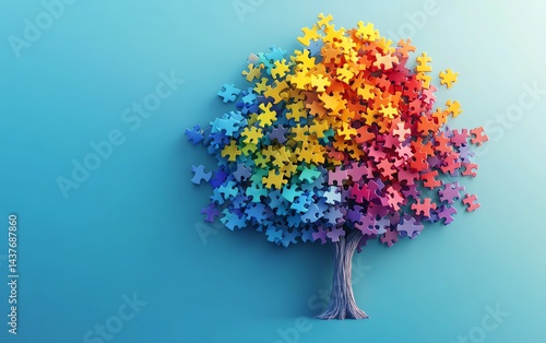 Colorful puzzle pieces forming a tree. Solution concept.