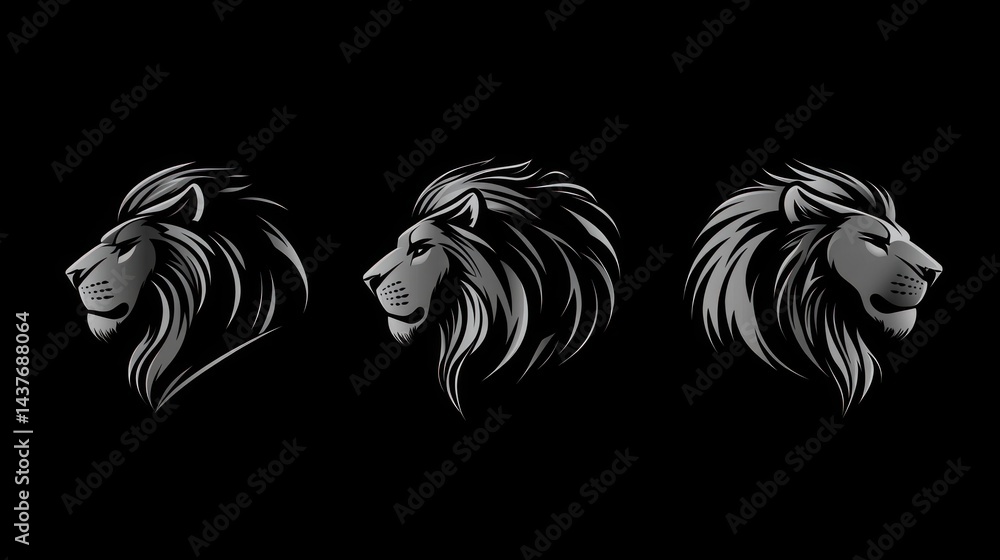 Obraz premium Three lion head profiles, dark background, logo design