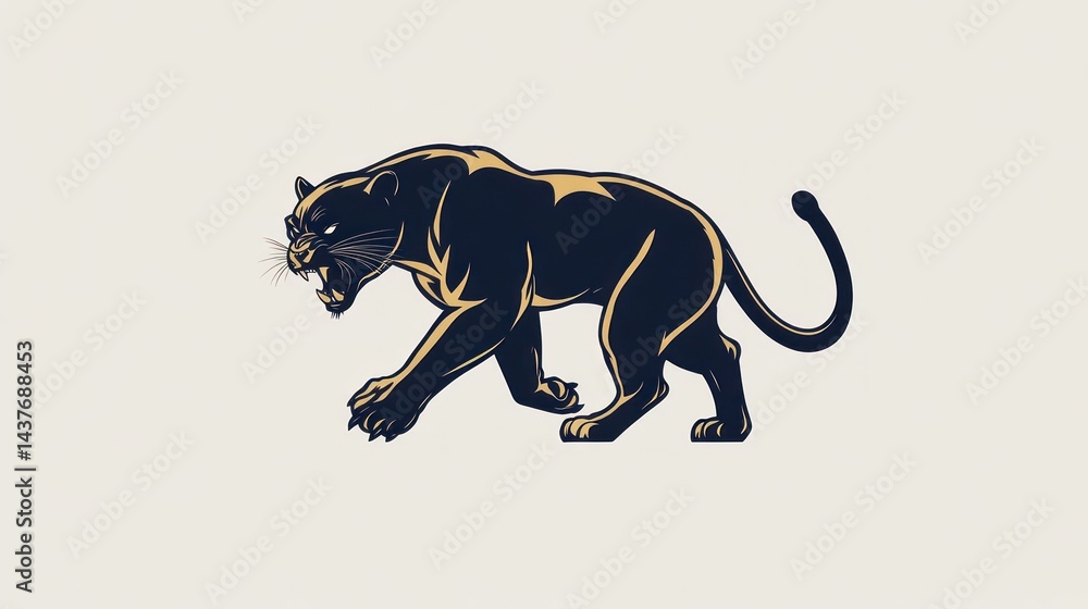 Obraz premium Black panther stalking, neutral background, wildlife illustration, mascot design