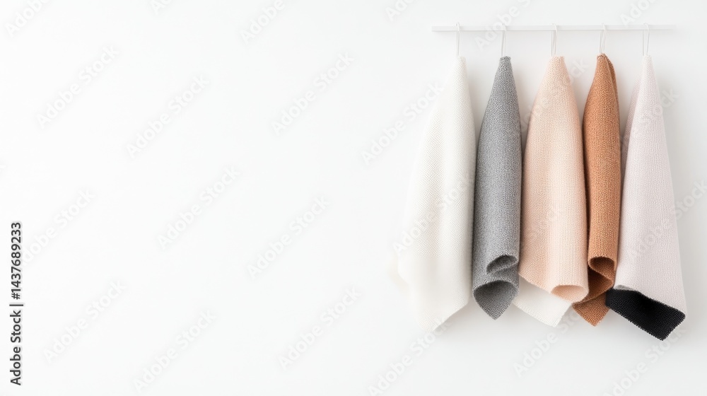 Fototapeta premium Five sweaters, various colors, on hangers