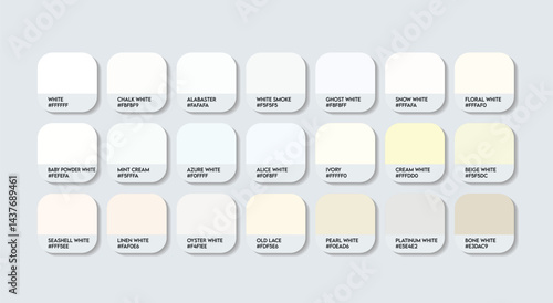 Neutral White Color Guide Palette with color Names. Catalog Samples of Neutral White with RGB HEX codes and Names. Chalk powder Color Palette, Fashion Trend Pantone Neutral paint white Color Palette