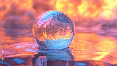 Wallpaper Mural Abstract sphere reflects fiery sky in liquid environment, surreal artistic background Torontodigital.ca