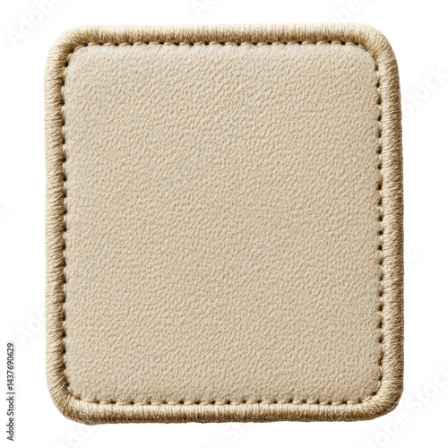A square beige leather patch with stitched edges and a smooth texture.