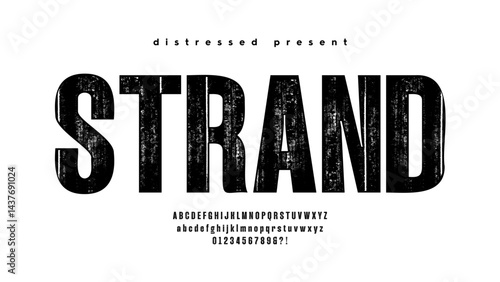 Strand: Distressed Condensed Typeface. Heavyweight bold style with raw ink textures. Ideal for hardcore bands, metal gigs, and underground poster art.