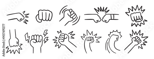  fist and fight related doodle hand drawn icon set. Outline drawing fist and fight related line clipart symbol collection