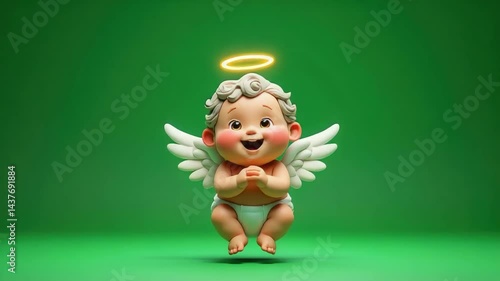 Cartoon baby angel with curly hair and halo sitting on green background