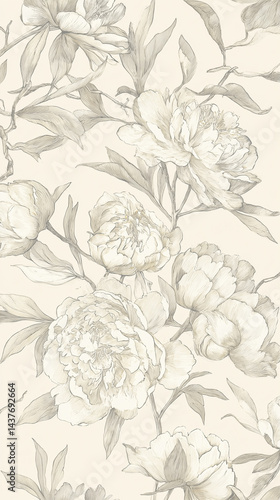 Floral Pattern with Peonies in Subtle Beige Tones  