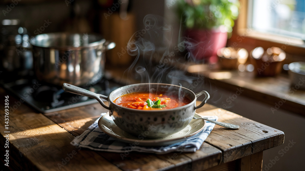Steam rises from a bowl of hot tomato soup on the table Steam rises from a bowl of hot tomato soup on the table