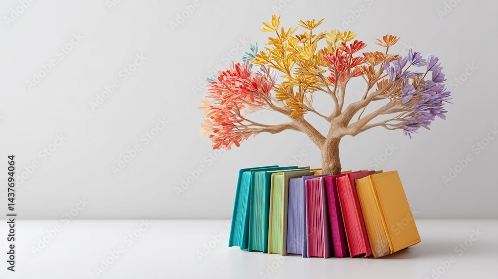 Tree with full color books like leaves on tree on grass, concept with tree with books like leaves. Literacy, Illustration for International Literacy Day with tree with books like colorful leaves.