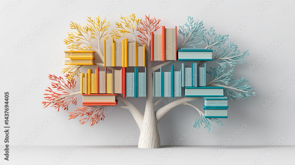 A vibrant display of knowledge, with colorful books arranged like branches, Tree with full color books like leaves on tree on grass, international literacy day concept with tree with books like leaves