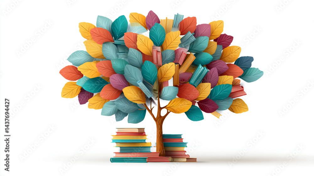 International literacy day concept with tree with books like leaves. Tree with full color books like leaves on tree on grass, education, knowledge, creativity, inspiration, learning, growth,