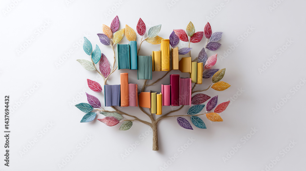 International literacy day concept with tree with books like leaves. Tree with full color books like leaves on tree on grass, education, knowledge, creativity, inspiration, learning, growth,