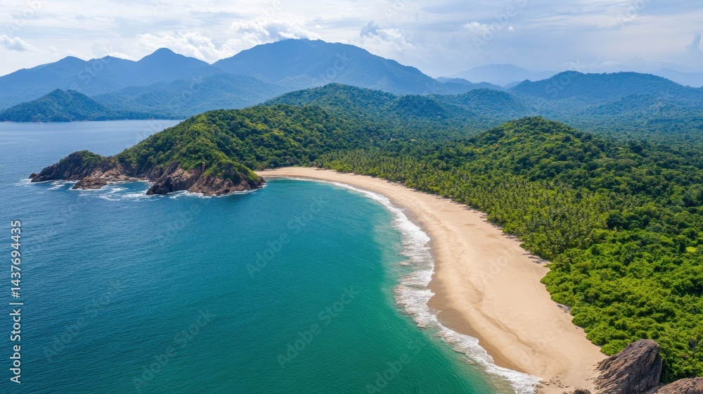 Fototapeta premium Aerial shot of a long, curving beach embraced by lush tropical forest