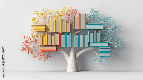 Obraz na płótnie A vibrant display of knowledge, with colorful books arranged like branches, Tree with full color books like leaves on tree on grass, international literacy day concept with tree with books like leaves w salonie