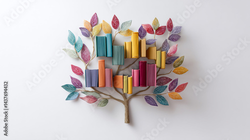 Obraz na płótnie International literacy day concept with tree with books like leaves. Tree with full color books like leaves on tree on grass, education, knowledge, creativity, inspiration, learning, growth, w salonie