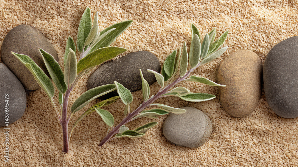 Zen Garden Stones, Sand, Plant, Serenity, Close-up, with pebble rocks arranged in a tranquil pattern, Natural harmony sage twig & smooth pebble rocks stone on sand.