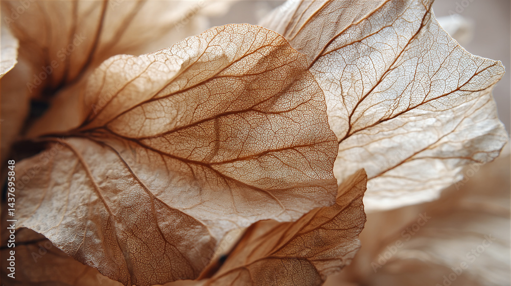 Beige Flower Petals & Leaves: Abstract Nature Macro Wallpaper, Close-Up of Translucent Skeleton Leaves in Light Yellow Shades, Nature abstract of flower petals beige transparent leaves with natural t