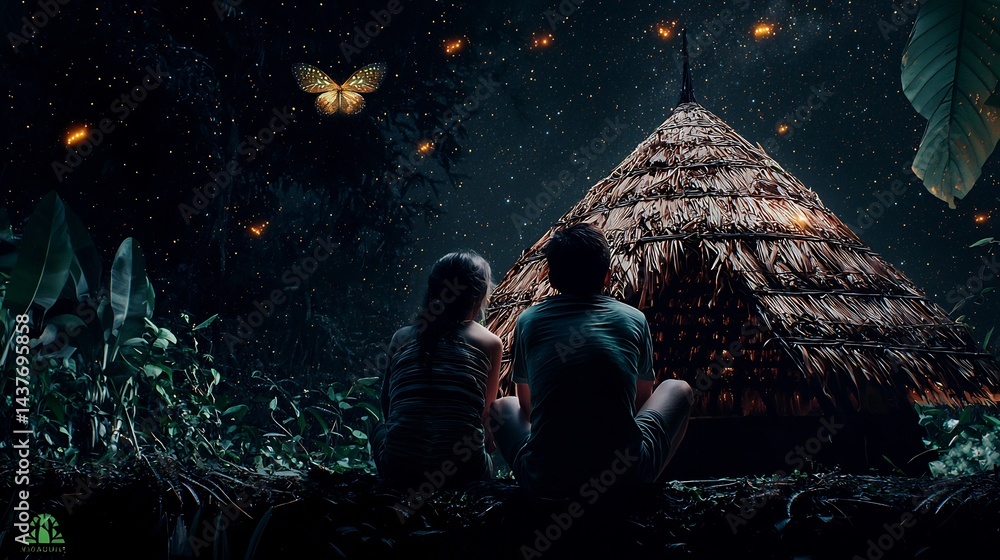 Fototapeta premium Couple watching fireflies, night hut