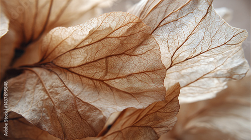 Obraz na płótnie Beige Flower Petals & Leaves: Abstract Nature Macro Wallpaper, Close-Up of Translucent Skeleton Leaves in Light Yellow Shades, Nature abstract of flower petals beige transparent leaves with natural t w salonie
